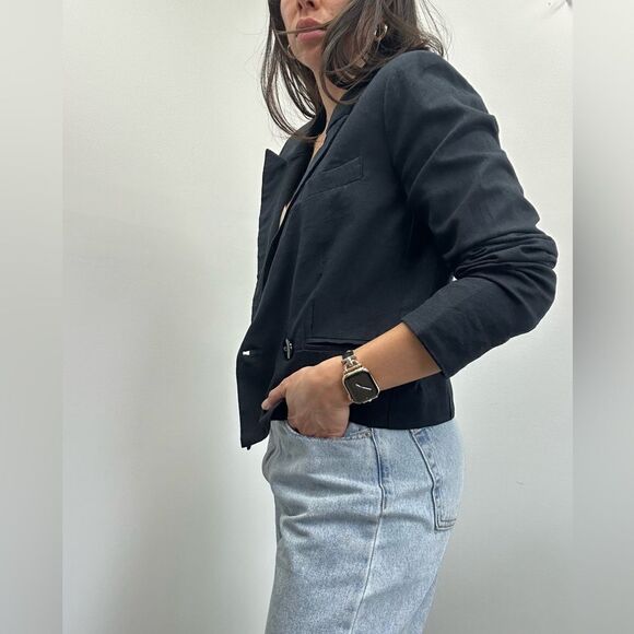 Jason Wu Blue Linen Double Breast Cropped Blazer Size M - Picture 5 of 11